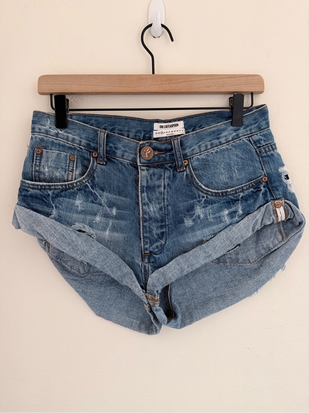 One Teaspoon Bandits Low Waist Distressed Denim Shorts Cuffed Blue Jean 25